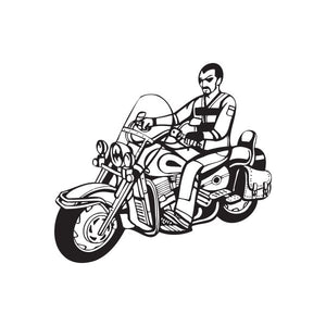 Black and white chopper motorcycle wall decal with rider, vinyl sticker design