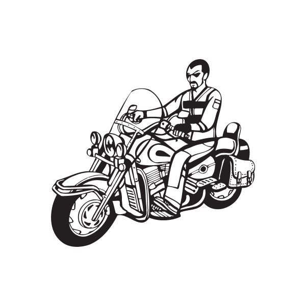 Black and white chopper motorcycle wall decal with rider, vinyl sticker design