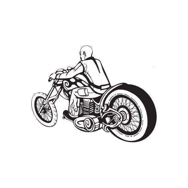 Chopper motorcycle wall decal, black and white vinyl outline with engine detail