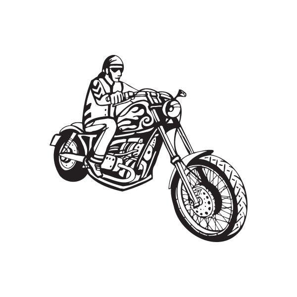 Vinyl wall decal of a black-and-white chopper motorcycle rider illustration