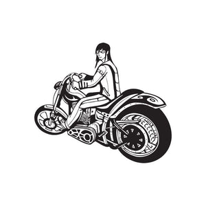 Black-and-white vinyl wall decal of a woman on a chopper motorcycle