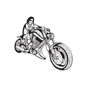 Motorcycle wall decal of a black chopper with rider, bold line art