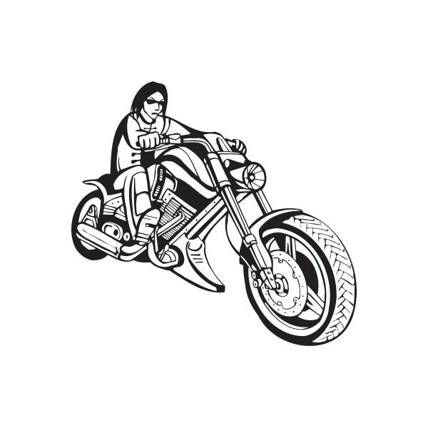 Motorcycle wall decal of a black chopper with rider, bold line art
