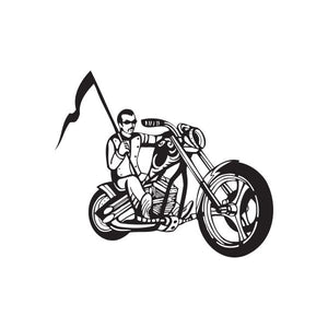 Motorcycle wall decal of a chopper rider in black, line-art style