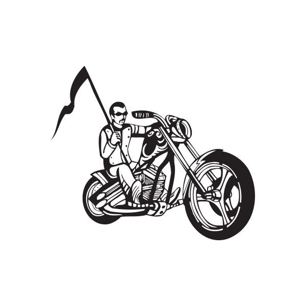 Motorcycle wall decal of a chopper rider in black, line-art style