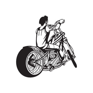 Motorcycle rider vinyl wall decal in black and white line art with wheel detail