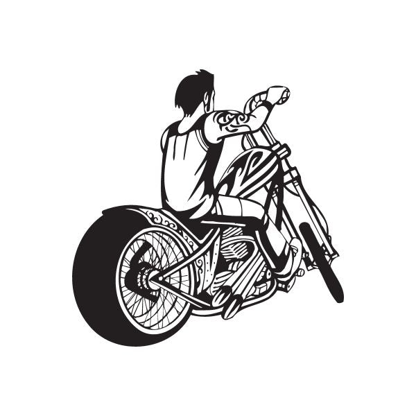 Motorcycle rider vinyl wall decal in black and white line art with wheel detail
