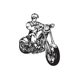 Motorcycle rider wall vinyl decal, black line art silhouette on bike