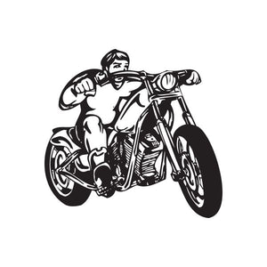 Motorcycle rider vinyl wall decal, black illustrated chopper graphic
