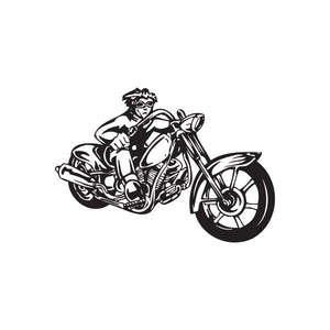 Motorcycle wall decal: black outlined chopper rider on bike vinyl sticker