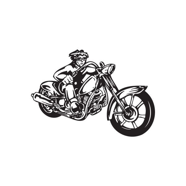 Motorcycle wall decal: black outlined chopper rider on bike vinyl sticker