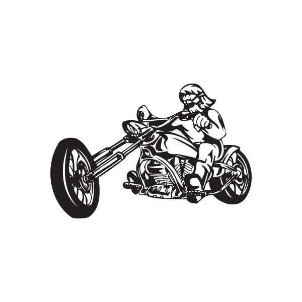 Motorcycle wall decal of rider on chopper, black vinyl outline