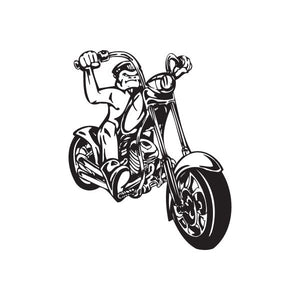 Vinyl wall decal of a biker on a chopper motorcycle, black and white