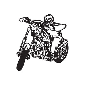 Motorcycle rider vinyl wall decal, black outlined chopper graphic