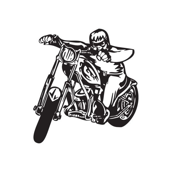 Motorcycle rider vinyl wall decal, black outlined chopper graphic