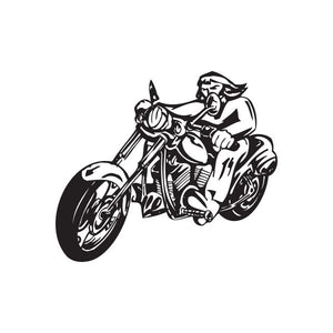 Black chopper motorcycle vinyl wall decal of a rider on a sport bike
