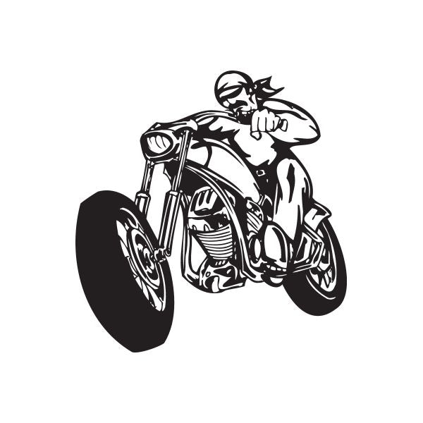 Black chopper motorcycle rider vinyl wall decal with front wheel and helmeted figure