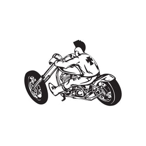 Chopper motorcycle wall decal of rider on black-and-white chopper bike