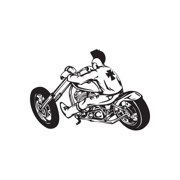 Chopper motorcycle wall decal of rider on black-and-white chopper bike