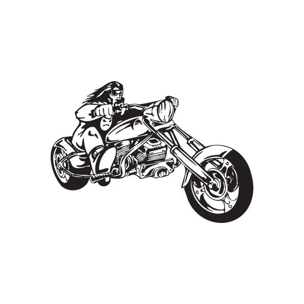 Vinyl wall decal: black chopper motorcycle with rider and helmet.