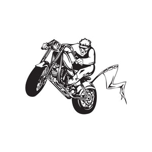Chopper wall decal: black-and-white motorcycle with rider, star accent
