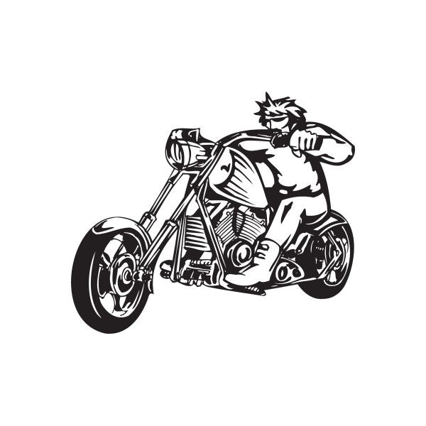 Black outline vinyl wall decal of chopper rider on motorcycle