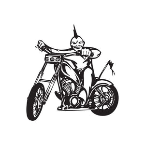 Black vinyl motorcycle wall decal featuring a rider on a chopper-style bike
