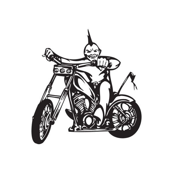 Black vinyl motorcycle wall decal featuring a rider on a chopper-style bike