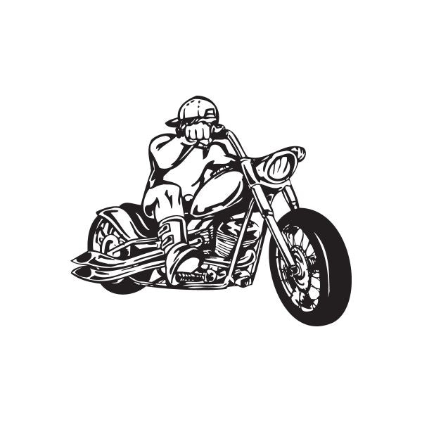 Motorcycle rider vinyl wall decal, black outline on white