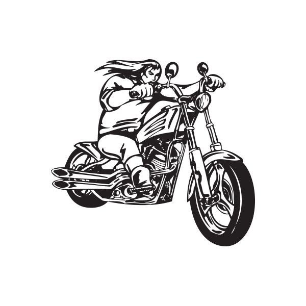 Chopper motorcycle wall decal, black vinyl line art of a rider on a chopper bike