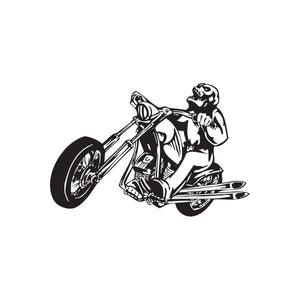 Black vinyl wall decal of a motorcycle rider on a bike, line art style