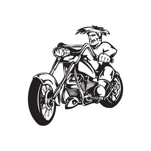 Vinyl wall decal of biker on chopper motorcycle, black outline