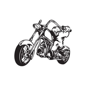 Motorcycle chopper wall decal featuring a rider on a black-and-white chopper bike