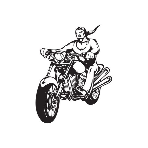 Black chopper motorcycle vinyl wall decal of a rider on a sport bike