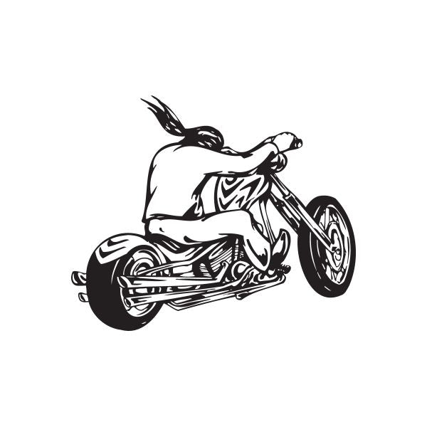 Vinyl wall decal of black and white chopper motorcycle with front wheel turned