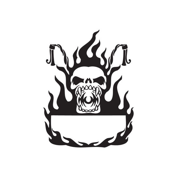 Vinyl wall decal: black skull in flames with banner graphic