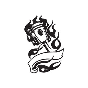 Motorcycle chopper wall decal, black and white skull with flames and banner