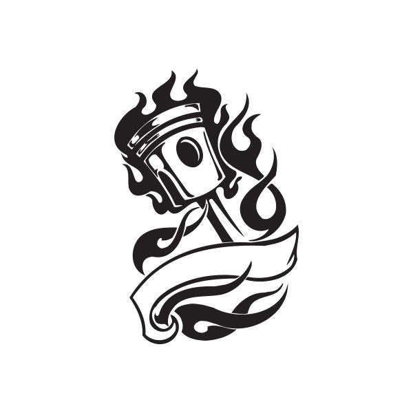 Motorcycle chopper wall decal, black and white skull with flames and banner