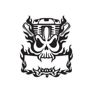 Black skull wall decal with flame and banner design