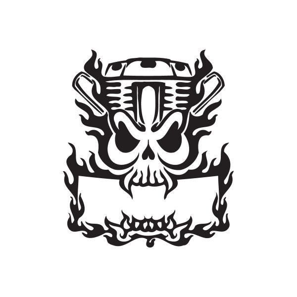 Black skull wall decal with flame and banner design
