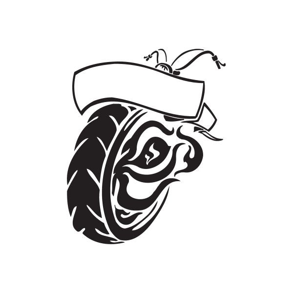 Vinyl wall decal: black chopper head with white helmet and flame graphics