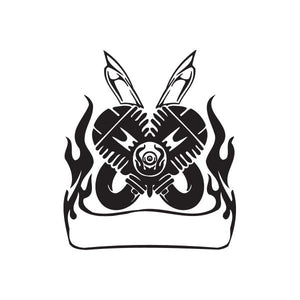 Black chopper wall decal with crossed swords, rose and flames