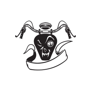 Vinyl wall decal of a black-and-white futuristic robot skull with curved flame tail