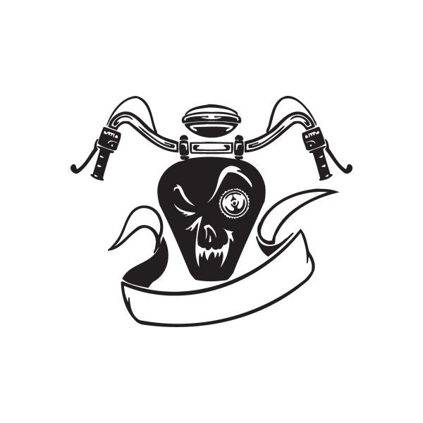 Vinyl wall decal of a black-and-white futuristic robot skull with curved flame tail