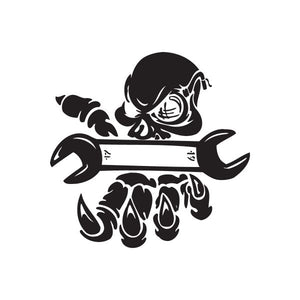 Black vinyl wall decal of cartoon character with helmet, wrench and flames