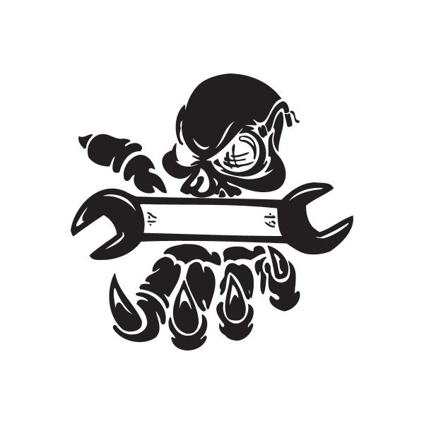 Black vinyl wall decal of cartoon character with helmet, wrench and flames