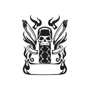 Chopper wall decal: black skull with flames, crossed guns, and banner