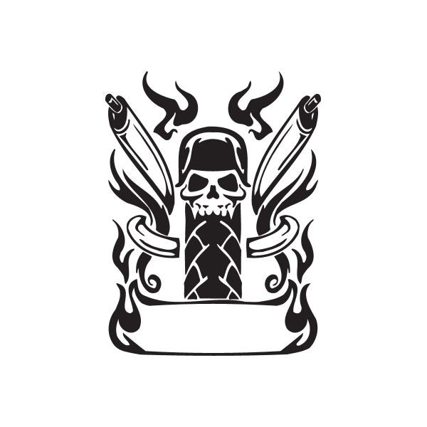 Chopper wall decal: black skull with flames, crossed guns, and banner
