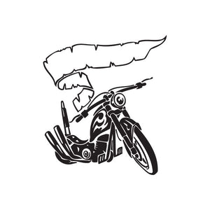 Chopper motorcycle vinyl wall decal, black line art with rider and guitar