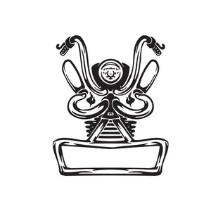 Vinyl wall decal of black line-art motorcycle chopper with central round emblem and triangle details